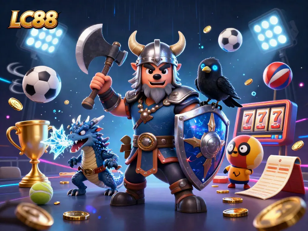 Engage in winning strategies at LC88 with dynamic gaming scenes featuring heroic Viking characters and vibrant casino elements