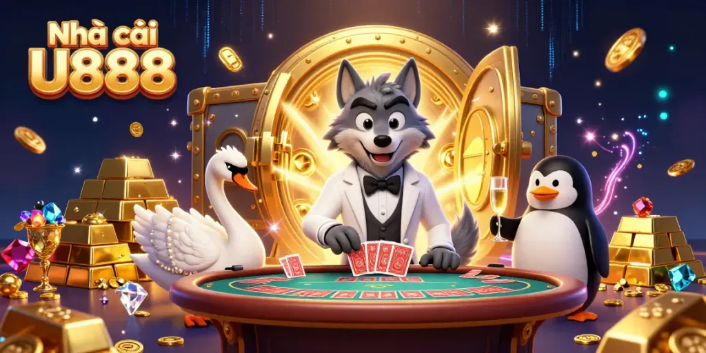 Experience fun and excitement at Nhà cái U888 with a vibrant baccarat setting featuring charming characters and lavish decorations.