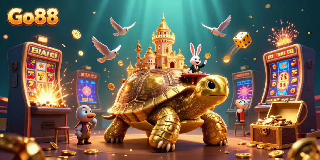 Experience vibrant online casino excitement with Go88's dynamic 3D adventure illustration.