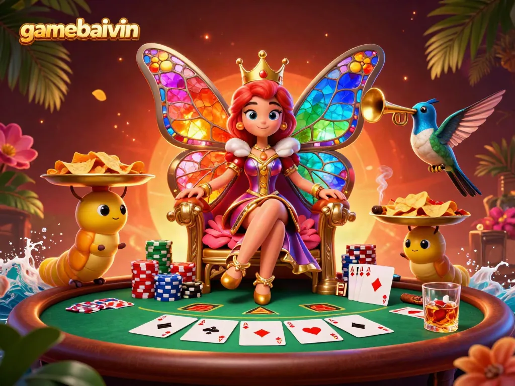 Experience vibrant casino excitement with gamebaivin featuring a royal butterfly queen, poker elements, and tropical ambiance.